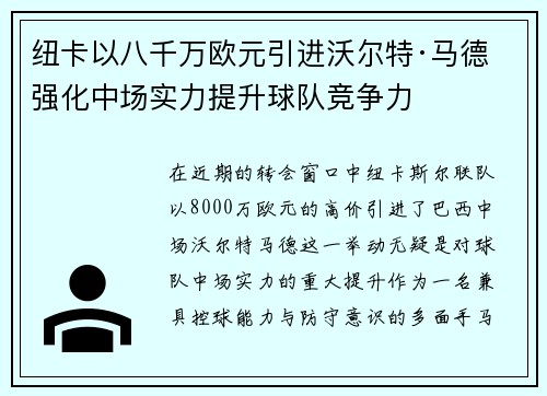 纽卡以八千万欧元引进沃尔特·马德 强化中场实力提升球队竞争力 纽卡以八千万欧元引进沃尔特·马德 强化中场实力提升球队竞争力