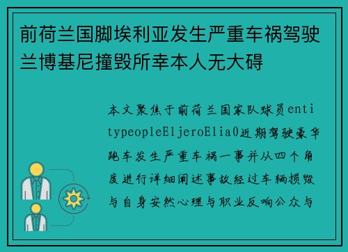前荷兰国脚埃利亚发生严重车祸驾驶兰博基尼撞毁所幸本人无大碍 前荷兰国脚埃利亚发生严重车祸驾驶兰博基尼撞毁所幸本人无大碍