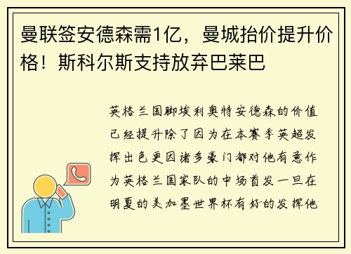 曼联签安德森需1亿，曼城抬价提升价格！斯科尔斯支持放弃巴莱巴